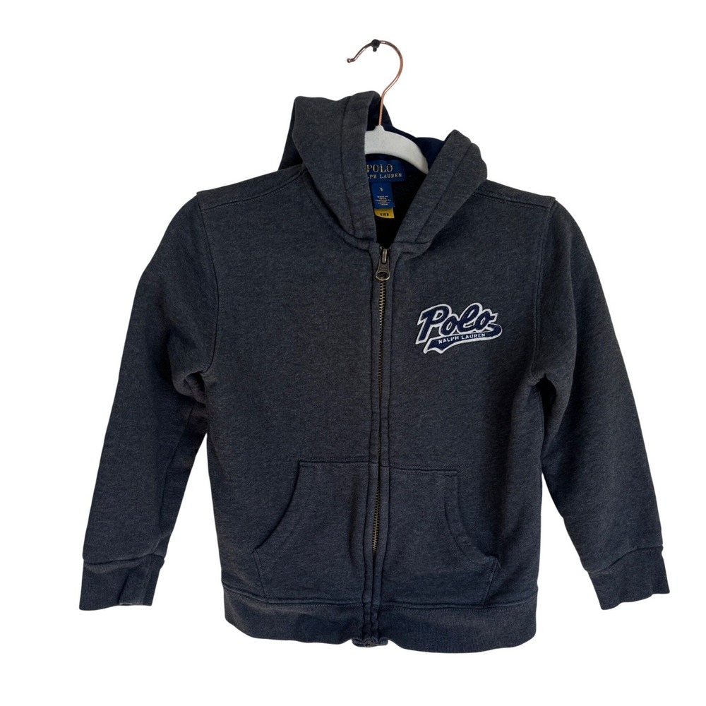 Polo Ralph Lauren Full Zip Hoodie Boys Size 5 Charcoal Gray Script Logo Fleece